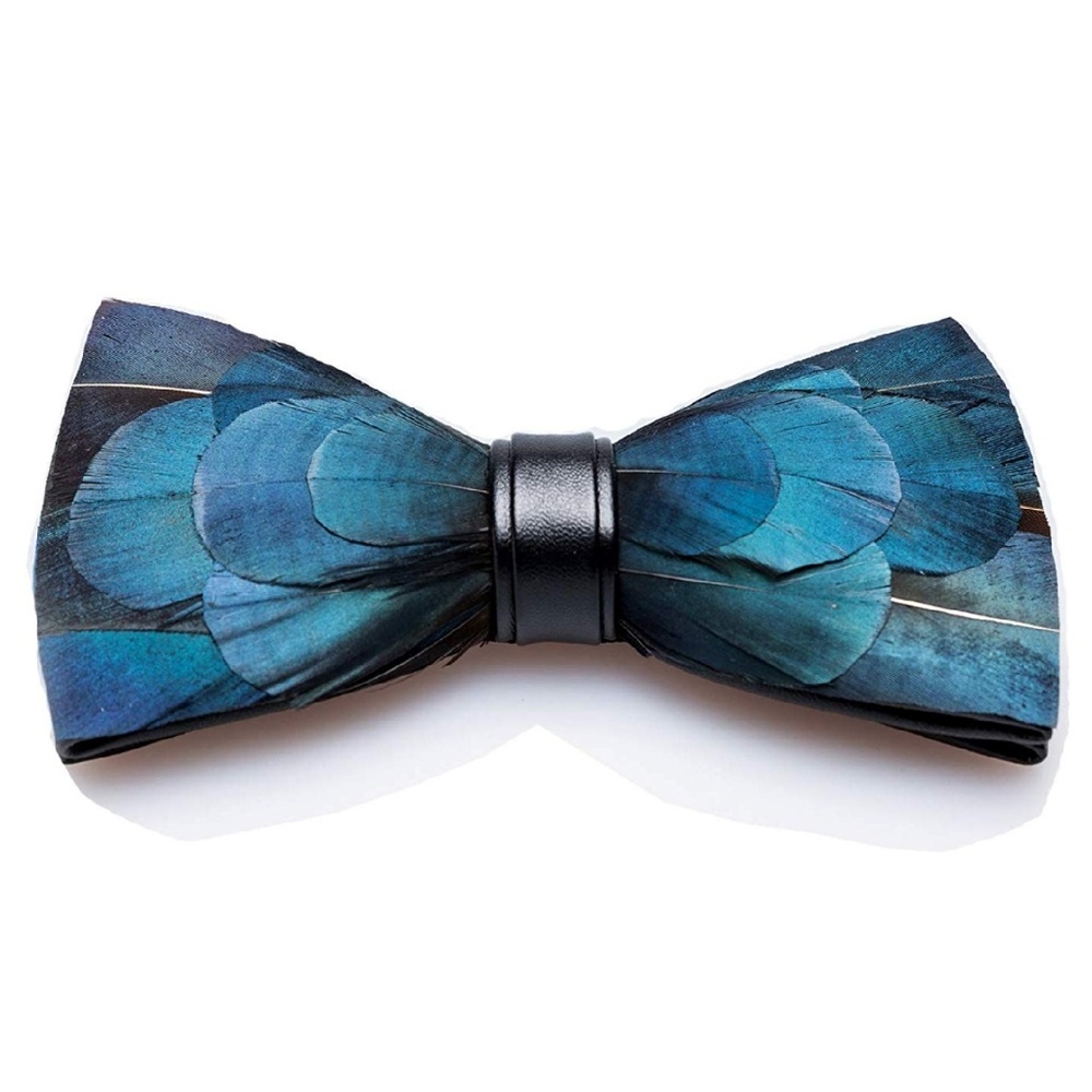 Mens Natural Peacock Feather Bow tie Lapel Blue